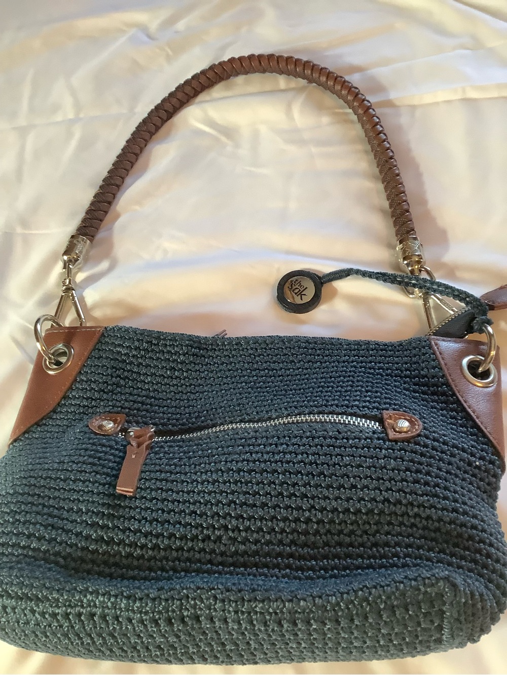 The Sak Navy Woven Shoulder Bag with Brown Trim